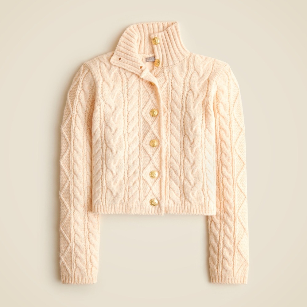 J. Crew Cable Knit Cream Button Front Turtleneck Fold Collar Cardigan Sweater